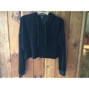 Ambiance Black Velvet Cropped Hoodie Size L Long Sleeve